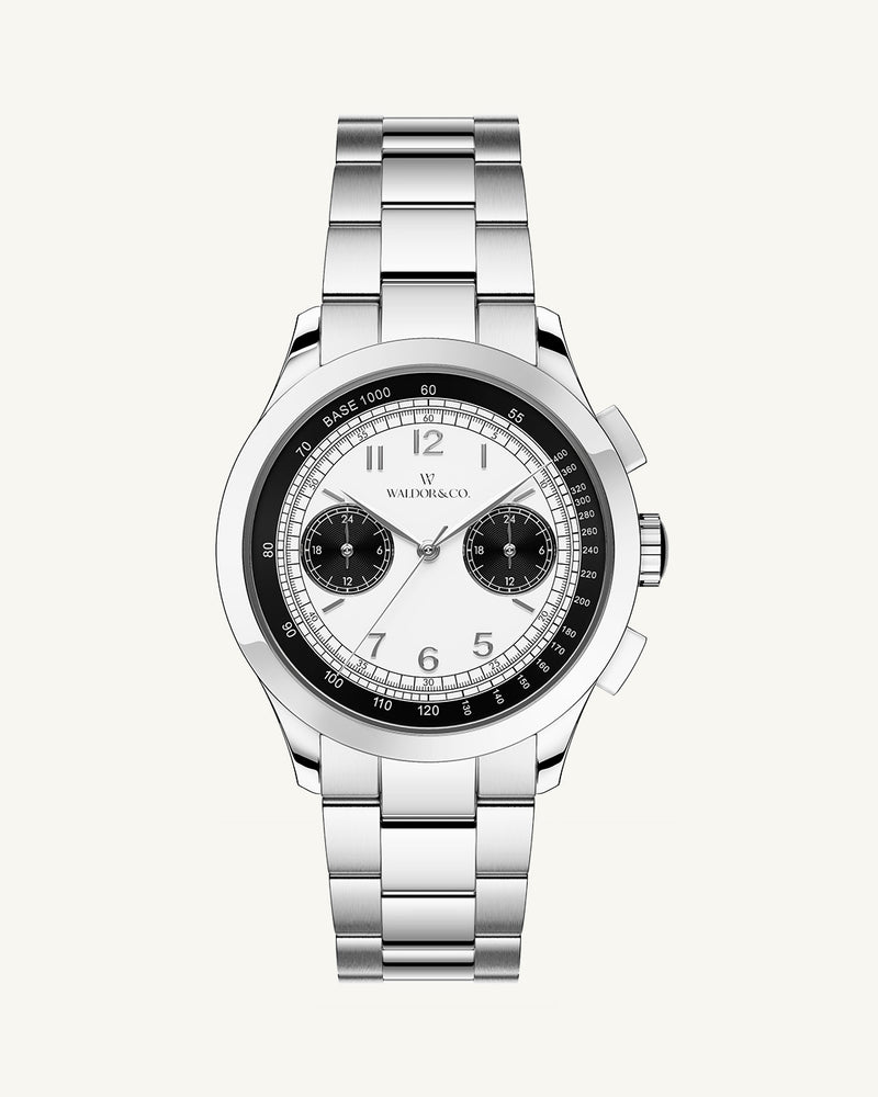 A round mens watch in rhodium-plated silver from Waldor & Co. with black and white sunray dial and a second hand. Seiko movement. The model is Chrono 39 Panda Ltd. Edition