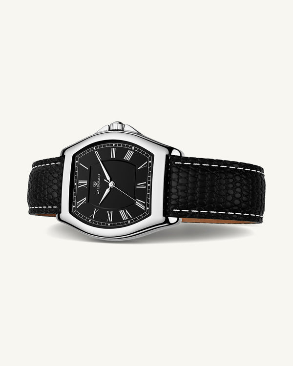 A square mens watch in Rhodium-plated 316L stainless steel from Waldor & Co. with white dial. Ronda movement. The model is Constant 40 Tremezzo 37x45mm.