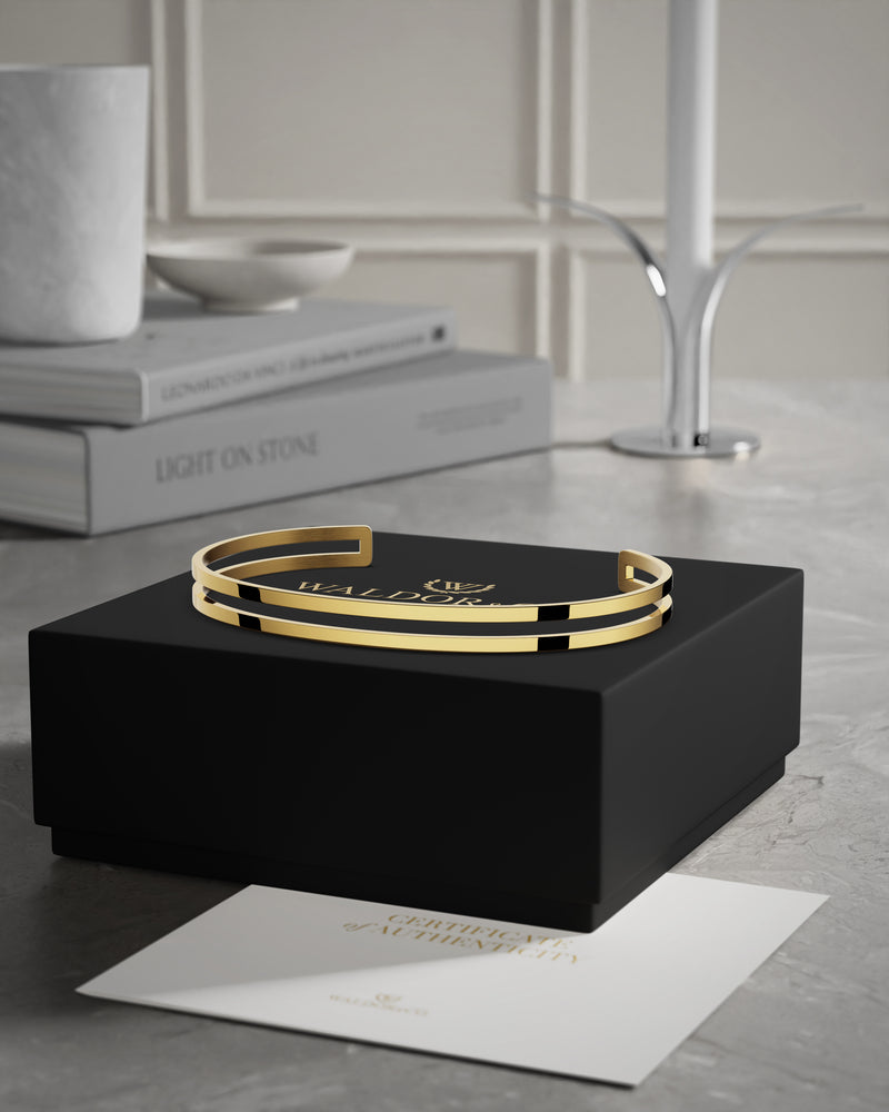 A Bangle in 14k gold plated 316L stainless steel from Waldor & Co. One size. The model is Dual Bangle Polished.