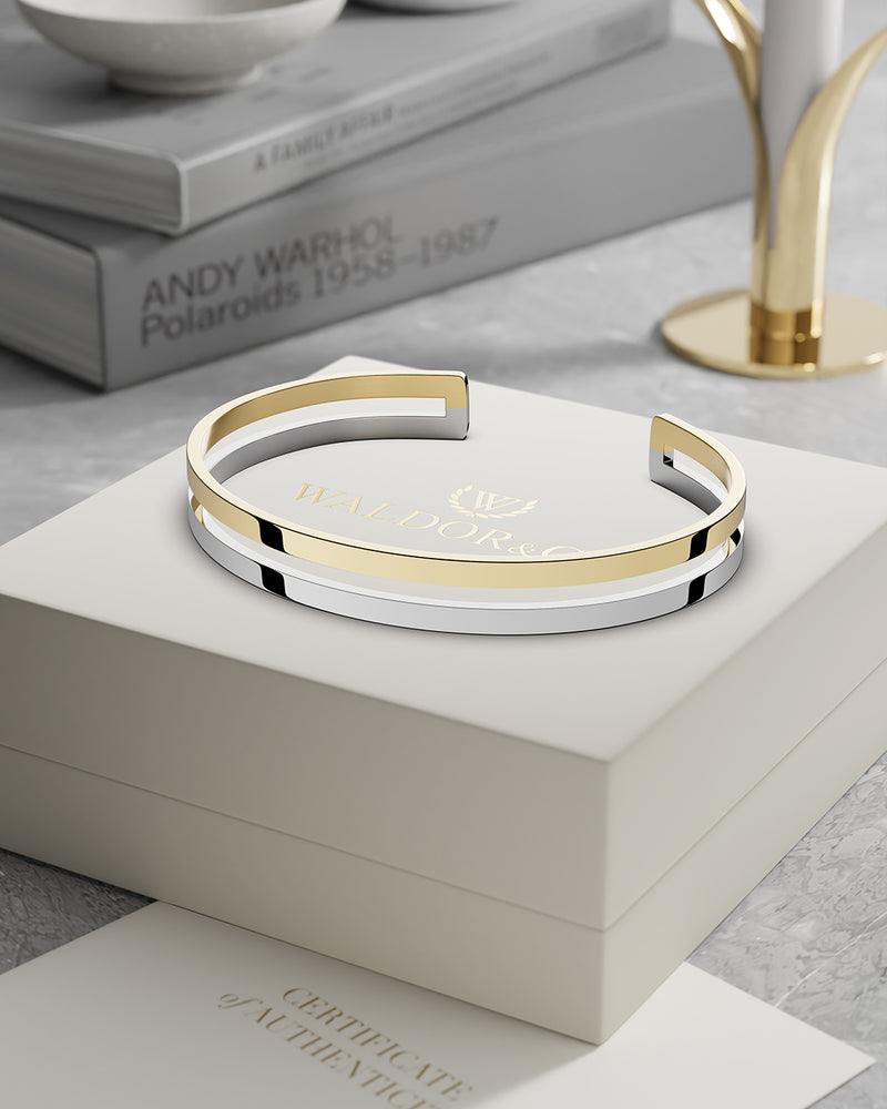 A bangle in 14k gold-plated 316L stainless steel from Waldor & Co. One size. The model is Dual Bangle Polished.