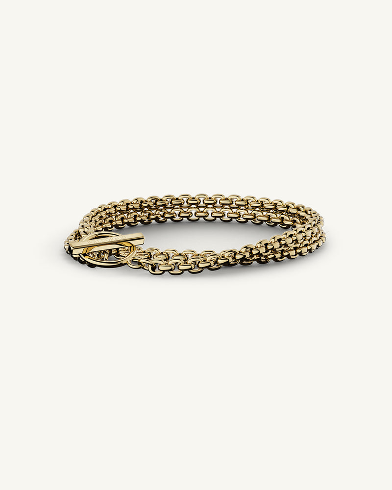 A 14-k gold plated stainless steel chain in silver from WALDOR & CO. The model is Dual Chain Polished.