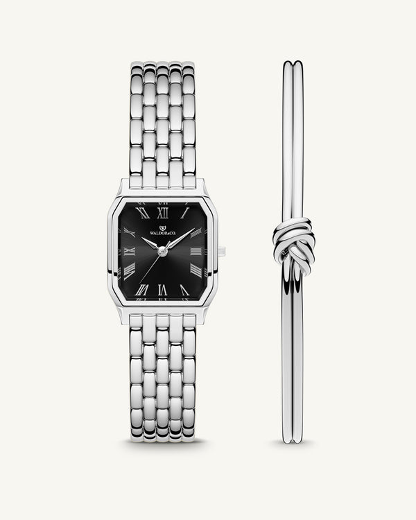 A square womens watch in silver plated 316L stainless steel from Waldor & Co. with black Diamond Cut Sapphire Crystal glass dial. Seiko movement. The model is Eternal 22 Bellagio