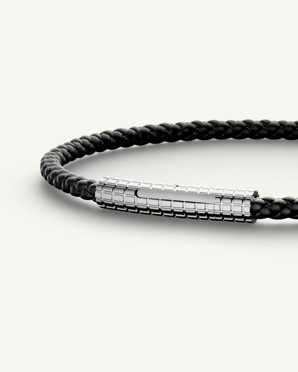 A Leather Bracelet in polished Silver plated-316L stainless steel from Waldor & Co. The model is Grid Leather Bracelet Polished.