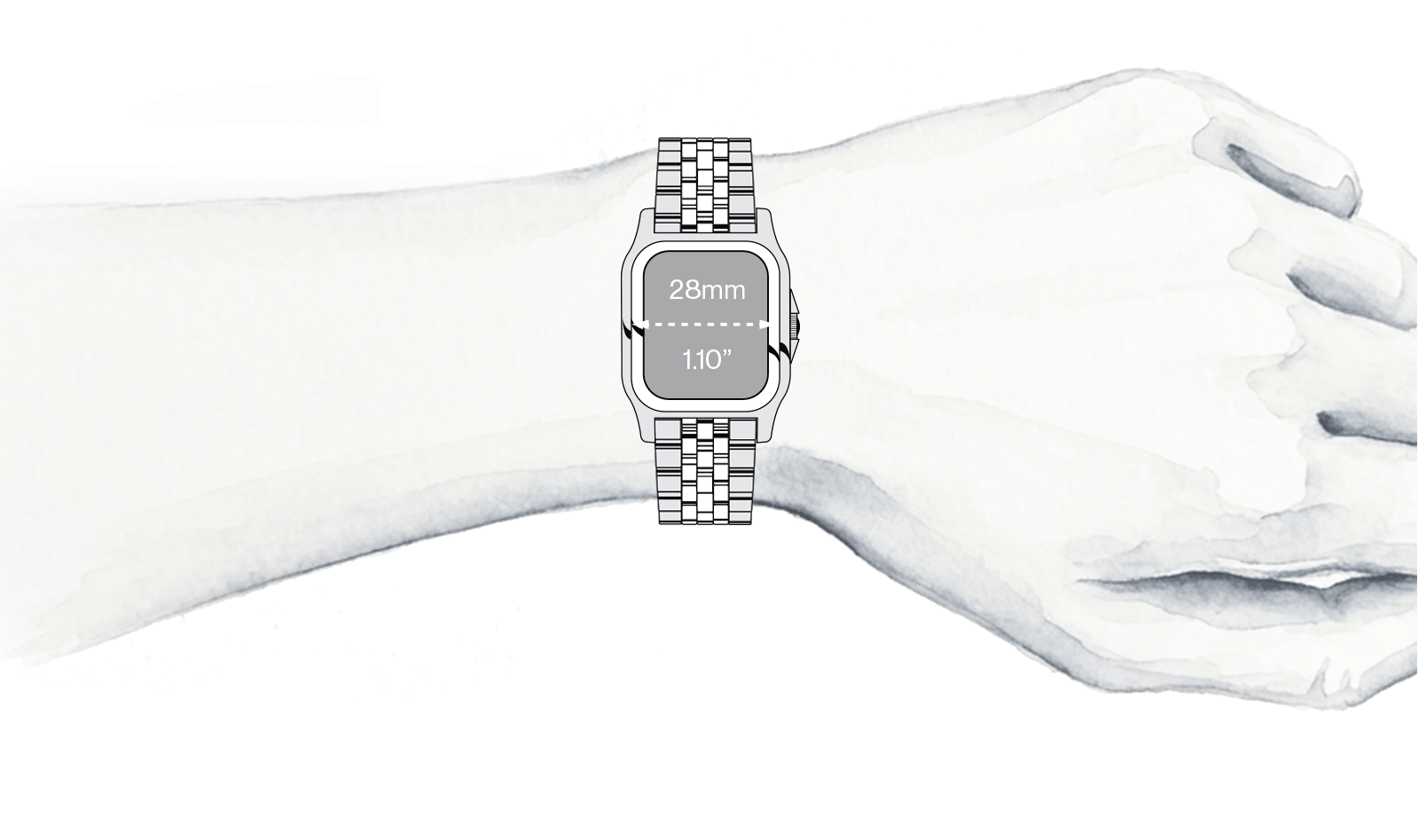 A 28 mm watch shown on a wrist